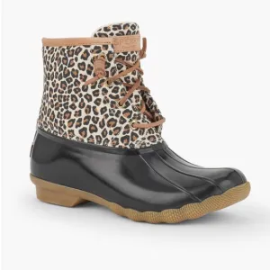 Sperry Saltwater Animal Duck Boot Leopard Rain Boots in Black Tan Size 4 Girls