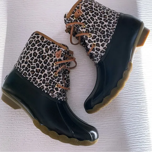 Sperry Saltwater Animal Duck Boot Leopard Rain Boots in Black Tan Size 4 Girls
