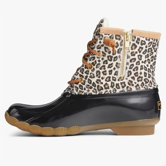 Sperry Saltwater Animal Duck Boot Leopard Rain Boots in Black Tan Size 4 Girls