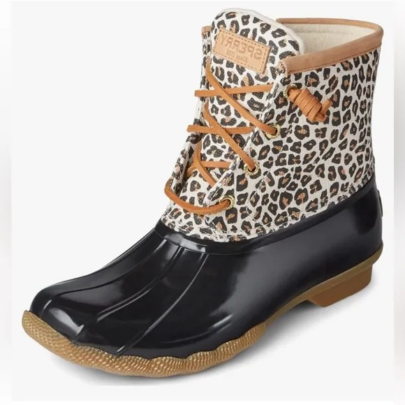Sperry Saltwater Animal Duck Boot Leopard Rain Boots in Black Tan Size 4 Girls