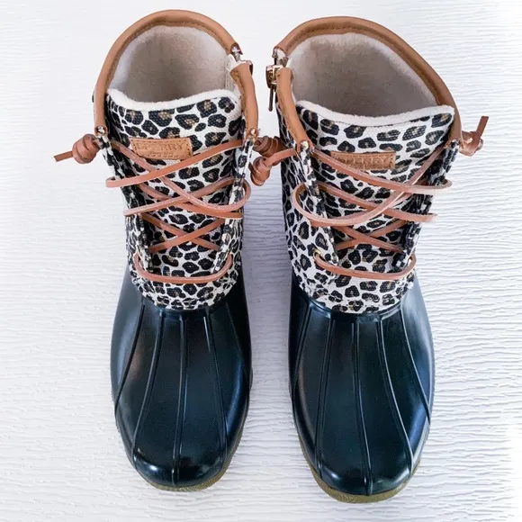 Sperry Saltwater Animal Duck Boot Leopard Rain Boots in Black Tan Size 4 Girls