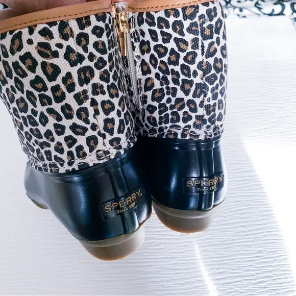 Sperry Saltwater Animal Duck Boot Leopard Rain Boots in Black Tan Size 4 Girls