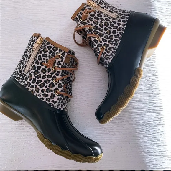 Sperry Saltwater Animal Duck Boot Leopard Rain Boots in Black Tan Size 4 Girls