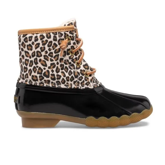 Sperry Saltwater Animal Duck Boot Leopard Rain Boots in Black Tan Size 4 Girls
