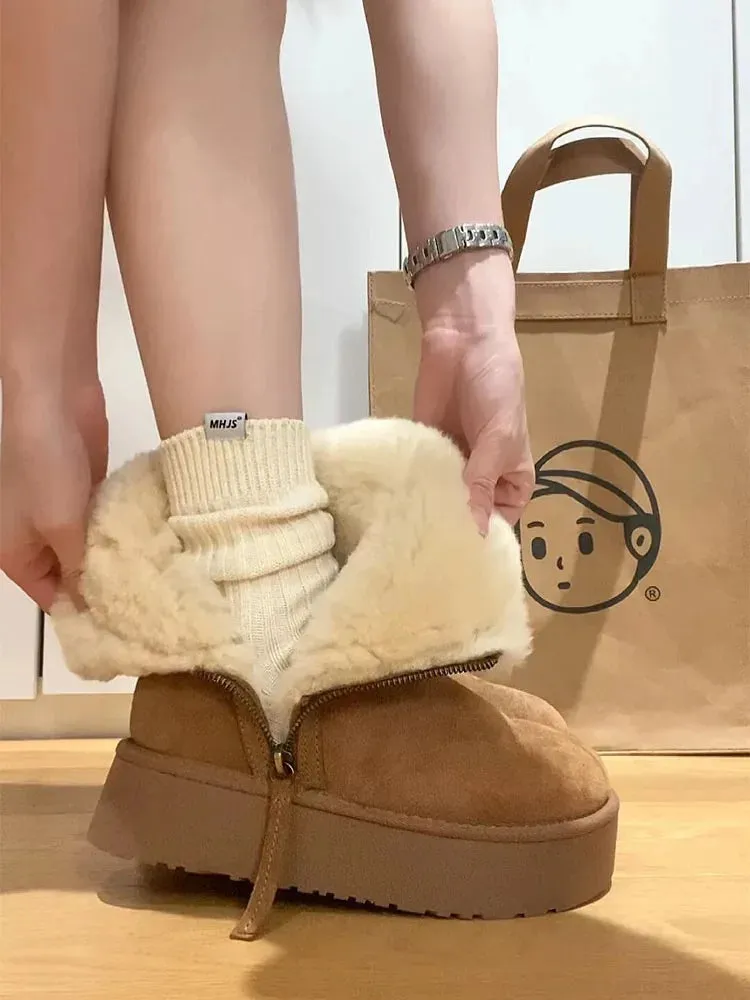 Thick Cotton Boots with Added Fleece – New Warm Fur Integrated Short Tube Thick Sole Snow Boots, Women's Side Zipper