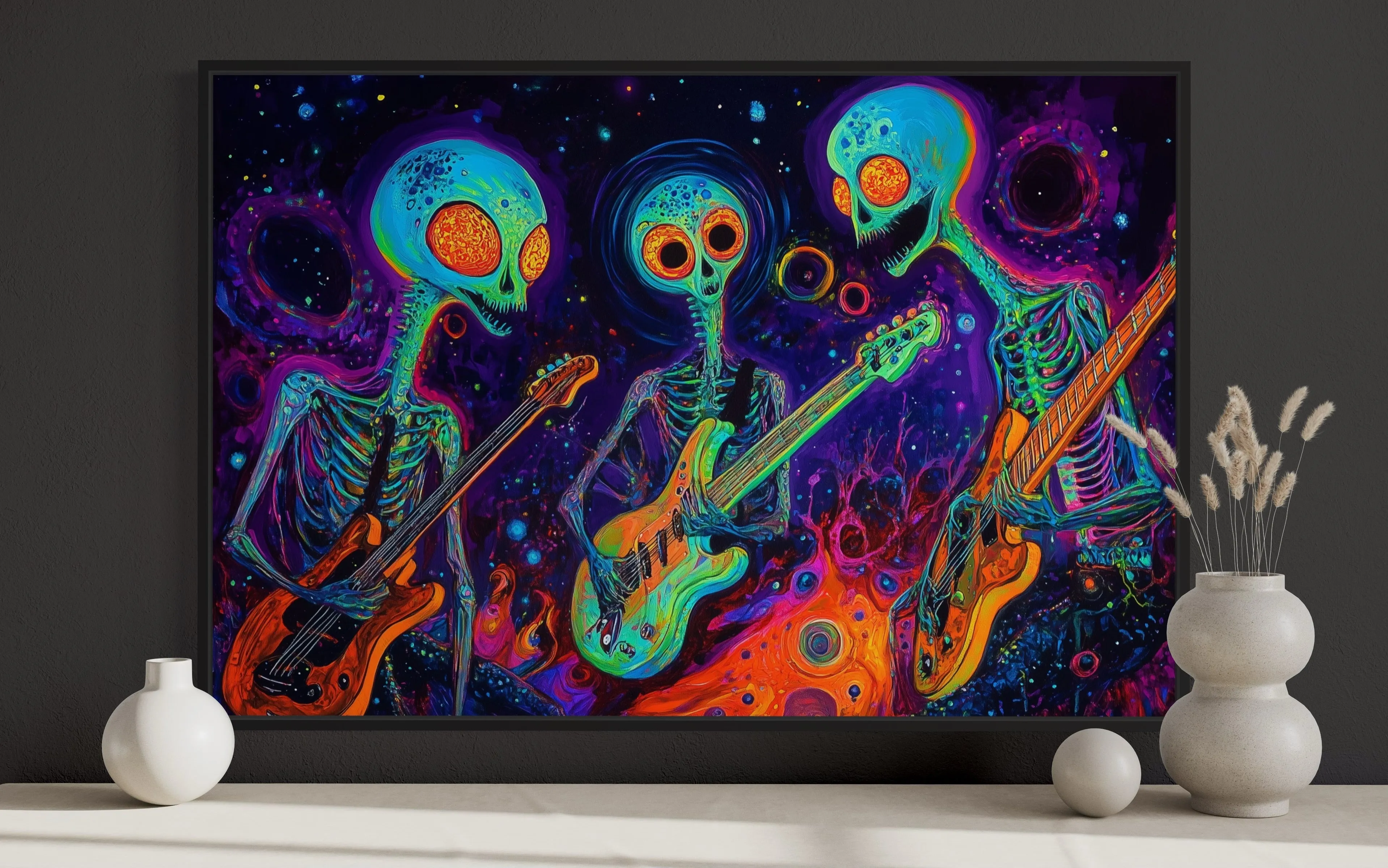 Three Trippy Skeletons Playing Guitars Framed Canvas Wall Art