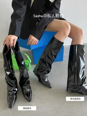 Wedge Pile Style Fashion Sexy Black Patent Leather Boots