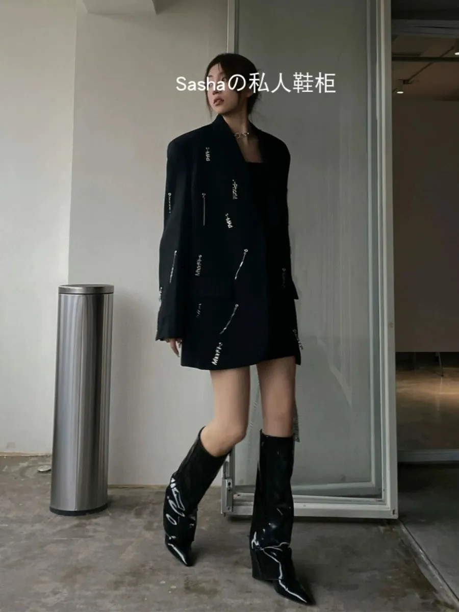 Wedge Pile Style Fashion Sexy Black Patent Leather Boots