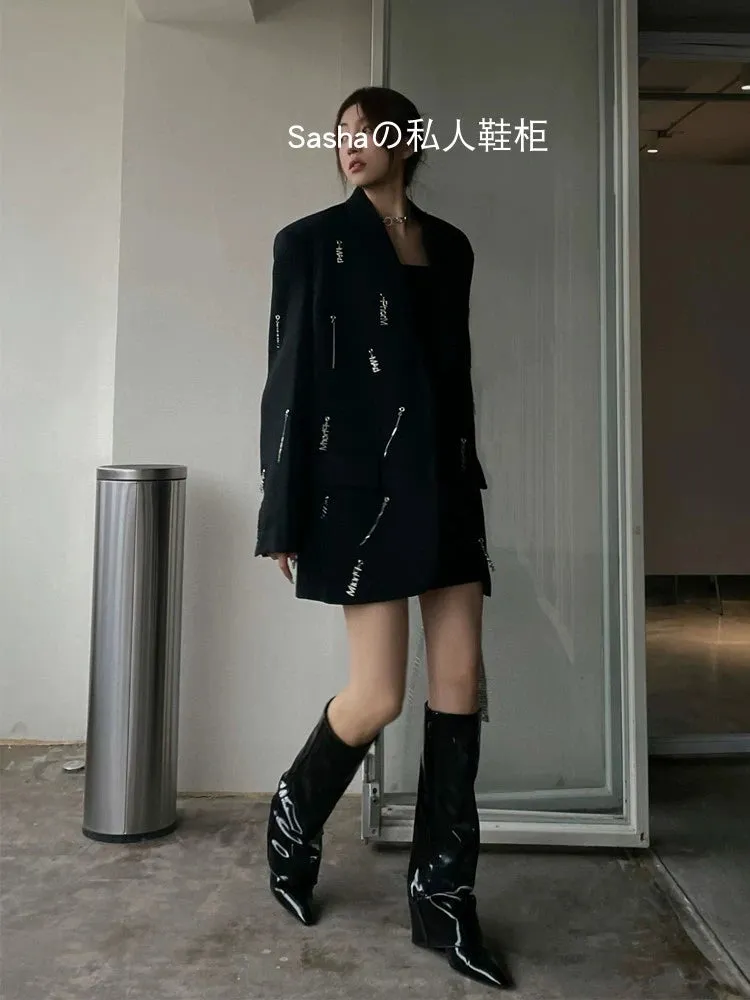 Wedge Pile Style Fashion Sexy Black Patent Leather Boots