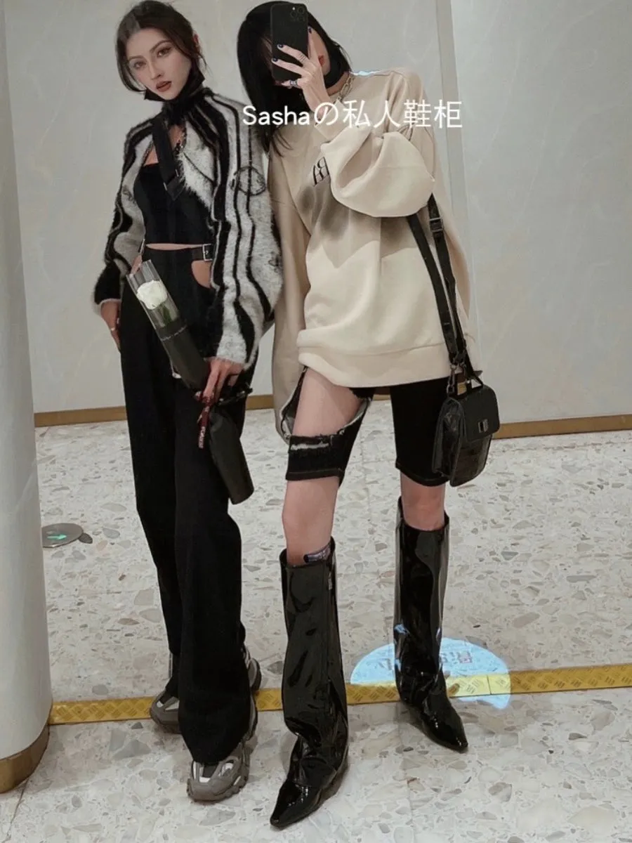 Wedge Pile Style Fashion Sexy Black Patent Leather Boots