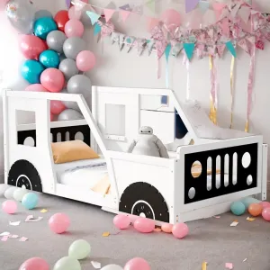 Wheels Shape Car Bed Twin Size Platform Kids White Mid-Century