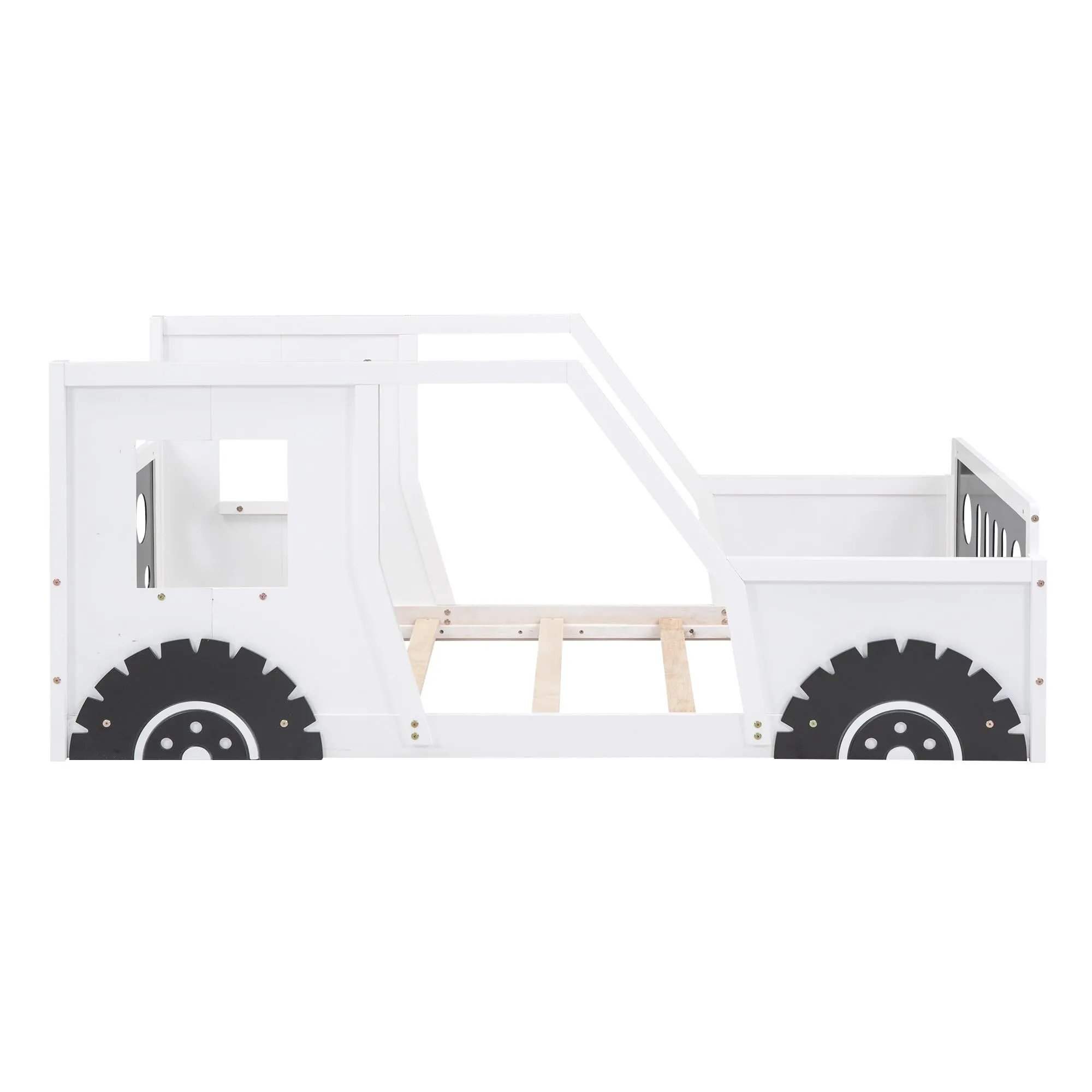Wheels Shape Car Bed Twin Size Platform Kids White Mid-Century