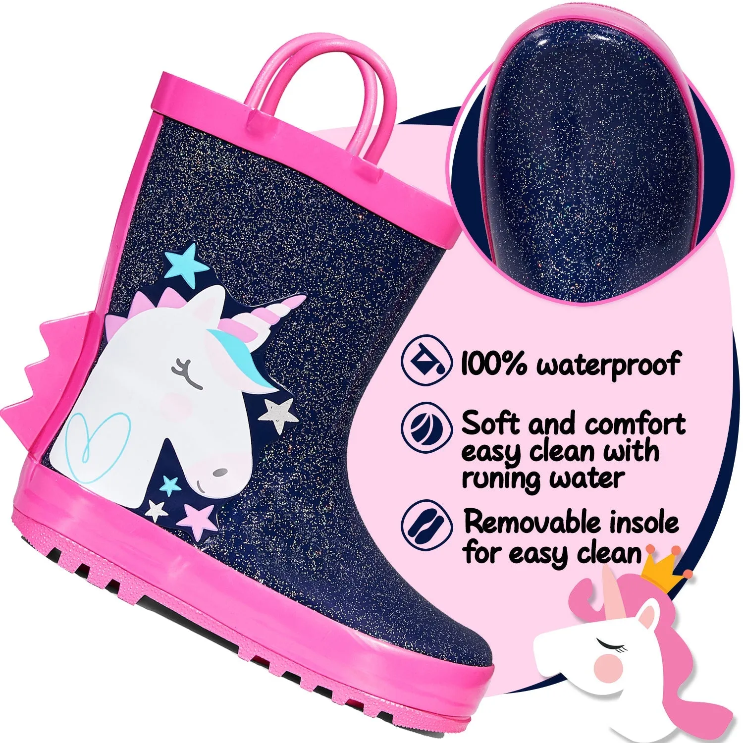 White Unicorn Star Glitter Rubber Rain Boots