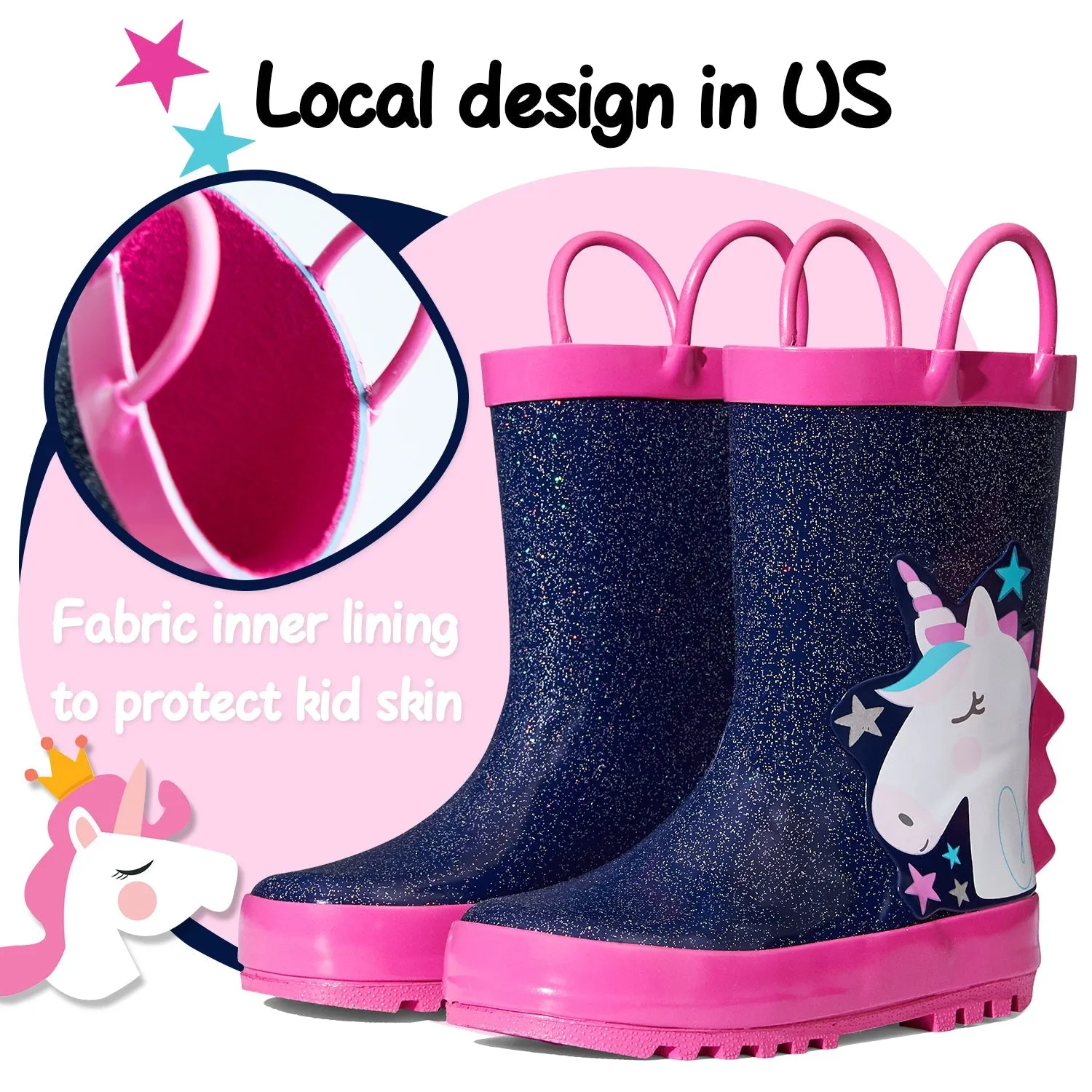 White Unicorn Star Glitter Rubber Rain Boots