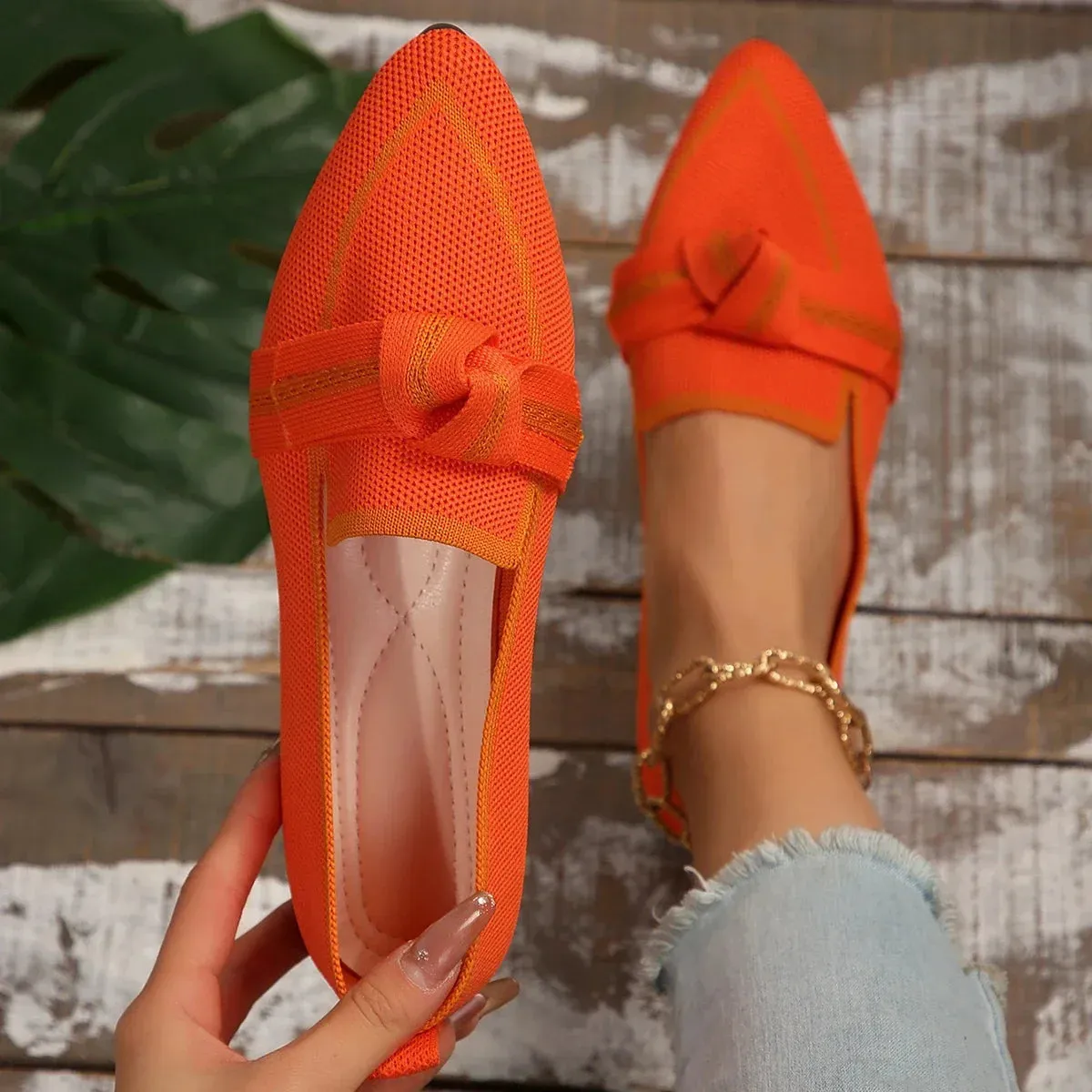 Women Flats 2024 New Knitted Slip Breathable Comfortable Solid Color Shoes Casual Pointed Toe Walking Loafers Sneakers Women